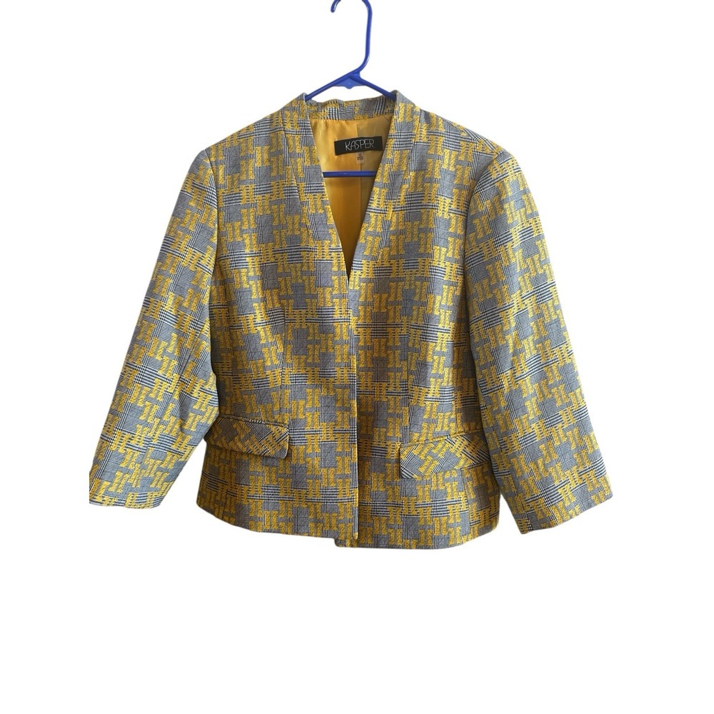 Kasper Open Front Blazer Woman's Size 12‎ Black Yellow Houndstooth Career Wear